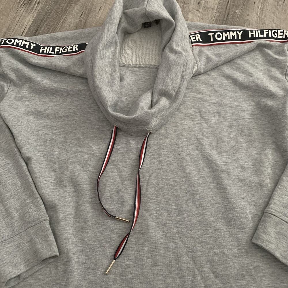 Tommy Hilfiger Spell Out Long Sweatshirt Dress Womens Sz Small Gray Tunic Cowl - Picture 1 of 6